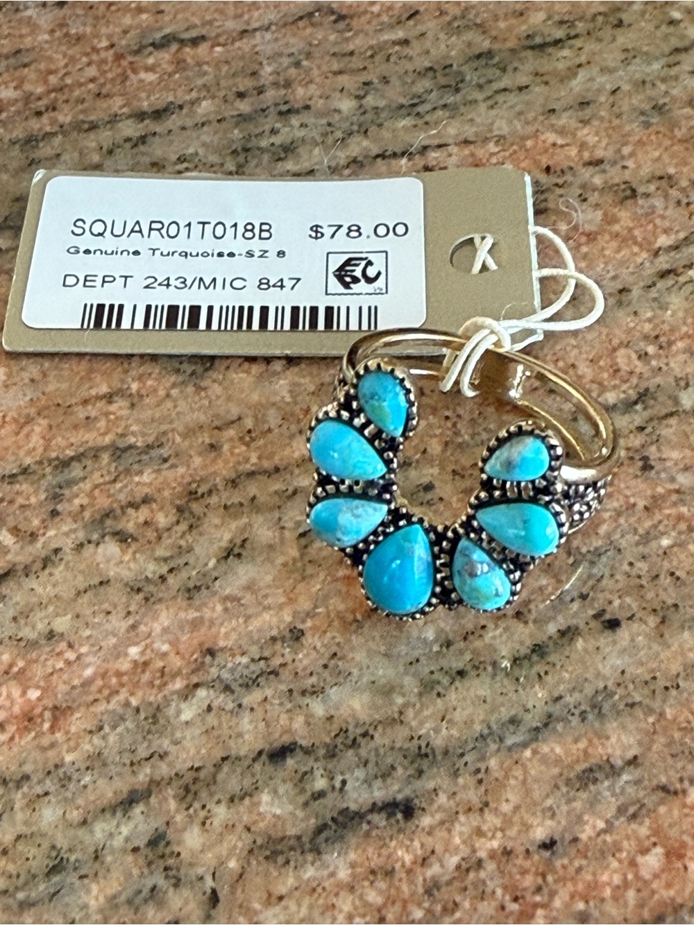 Barse Size 8 Genuine Blue Turquoise Horseshoe Blossom Ring Goldtone